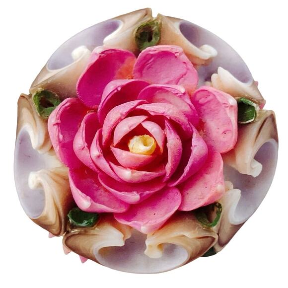 Vintage 50s Shell Brooch Layered Pink Floral Mid Century Tropical Beach Jewelry - Picture 1 of 10